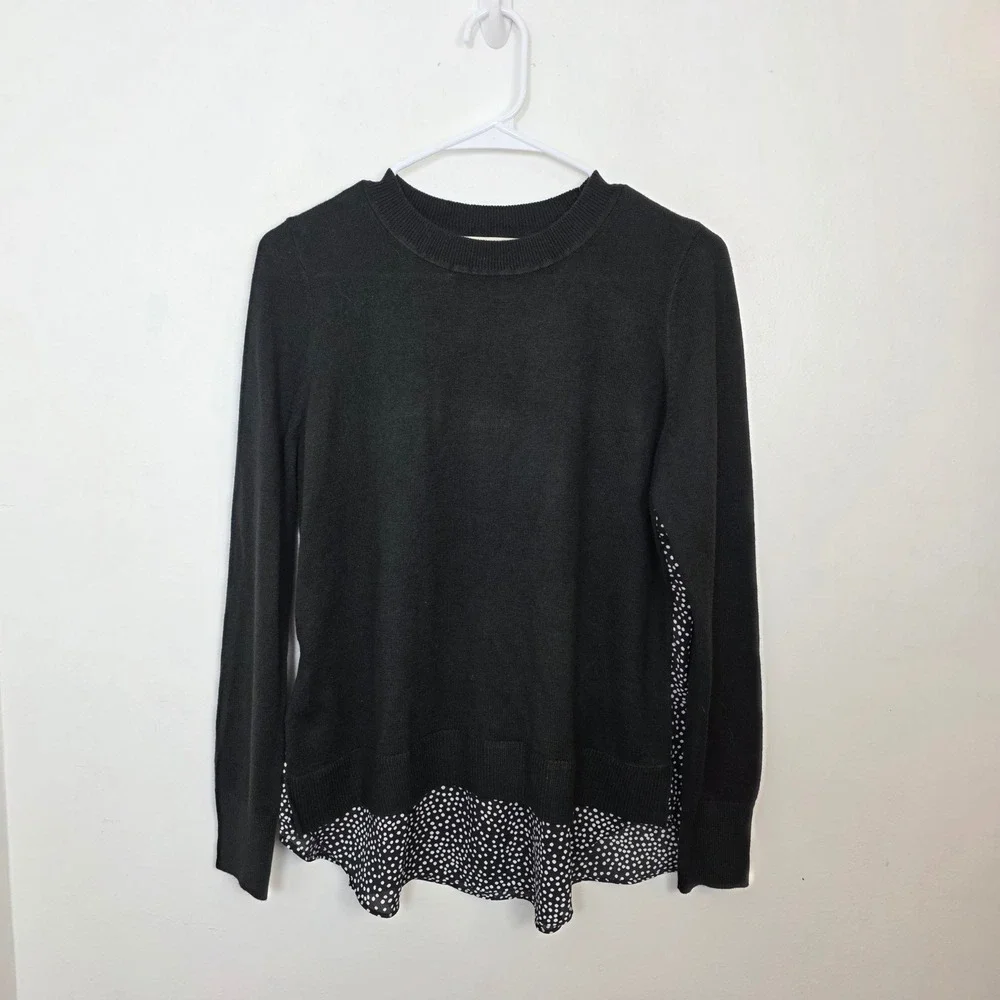 Loft Womens Black Polka Dot Mixed Media‎ Knit Back Sweater Top Medium NWT